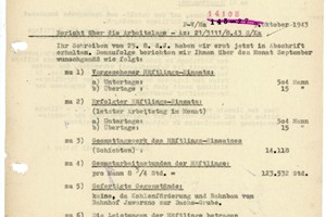 Sprawozdanie skierowane przez EVO do KL Auschwitz dotyczące zatrudnienia więźniów we wrześniu 1943 roku.